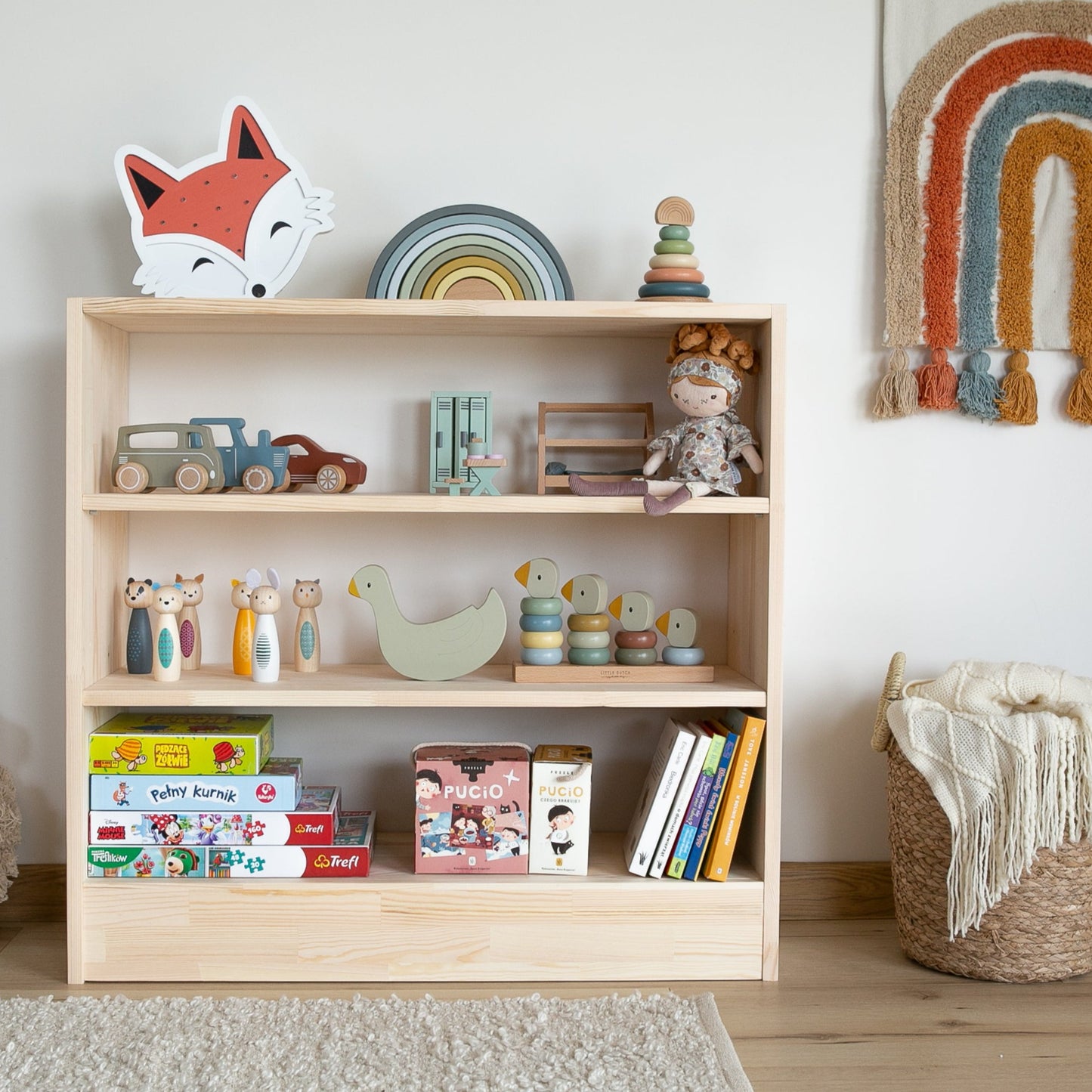 Montessori Spielzeugregal,  spielzeug & bücherschrank