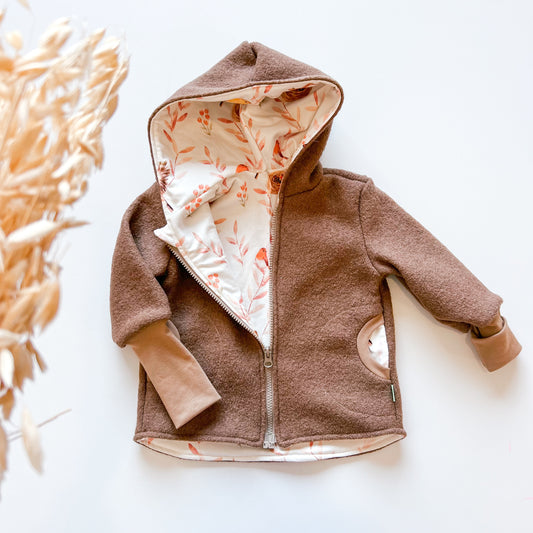 Montessori Walkjacke in braun und Vogel, magnetischen Reißverschluss