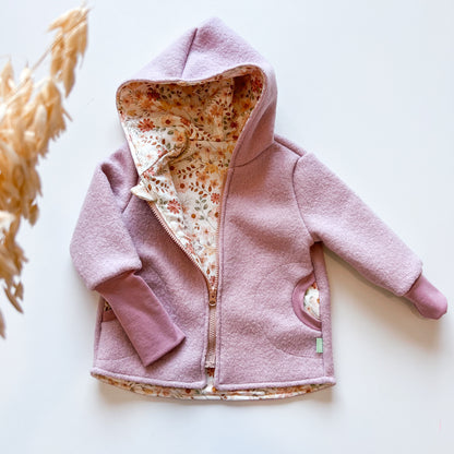 Montessori Walkjacke in Rosa mit  Blumen, magnetischen Reißverschluss